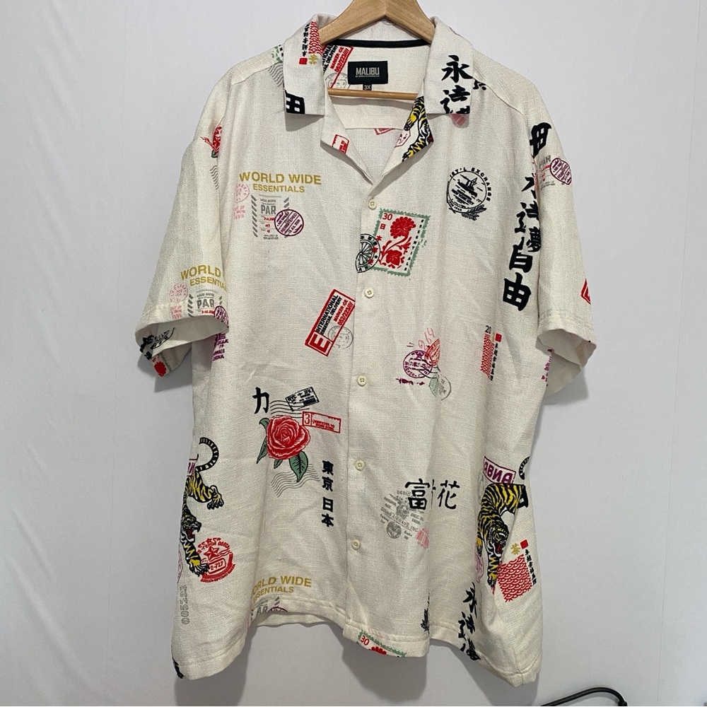 Malibu Graphic Button Up Shirt 3X Stamps Print Streetwear Summer Casual‎ Men's